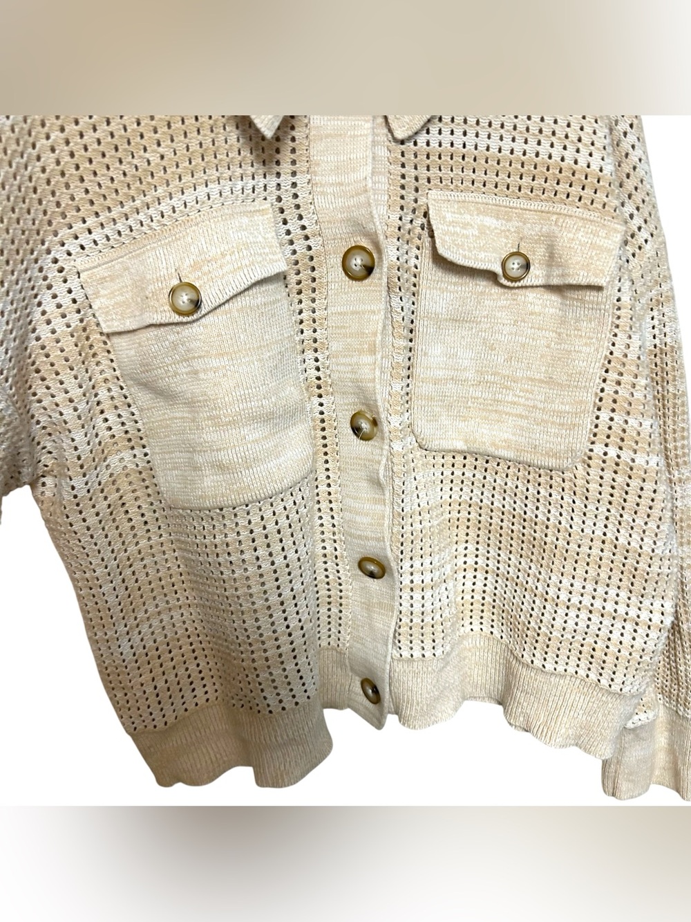 Anthropologie 2X Crocheted Pocket Collar Sweater Coat Sand Ivory Cardigan - Picture 9 of 16